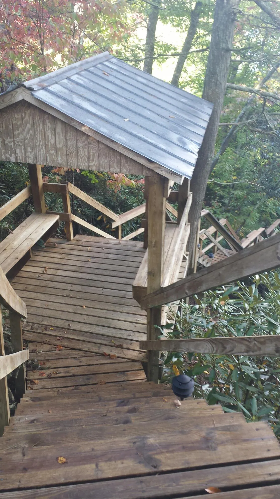Metal roofed shelter over wooden steps on a wooded walkway — Skylight Repair & Installation work by our crew in Lynnville